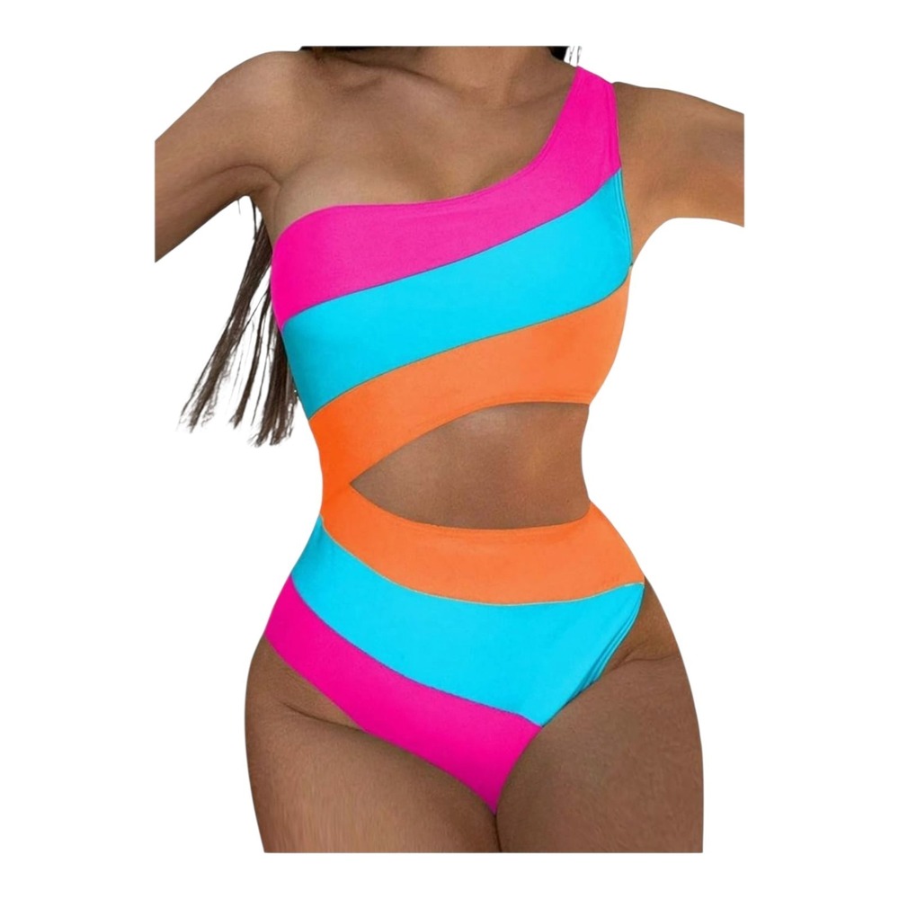 One Shoulder Monokini Swimsuit L Hot Pink Blue Orange Cut Out Colorblock